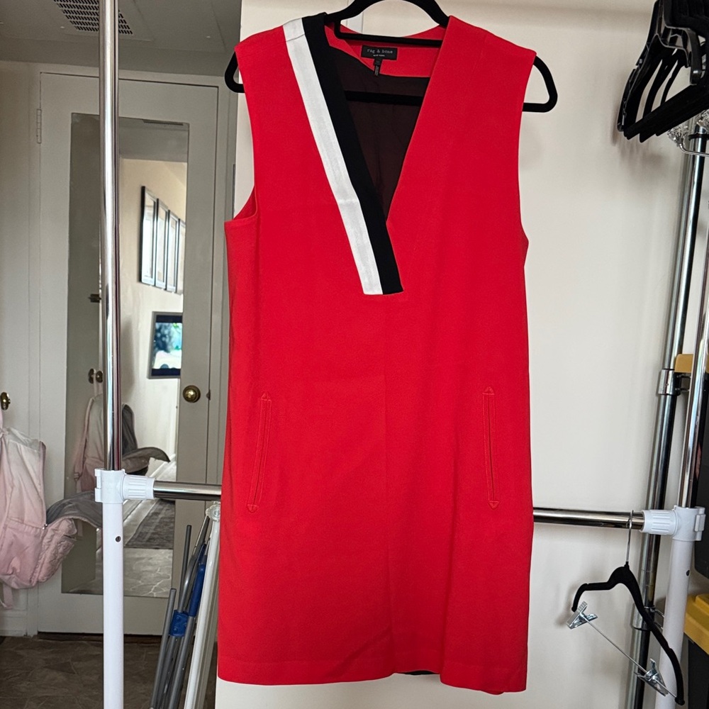 Rag & bone  Red Mini shift with Black and White silk Accent size 12